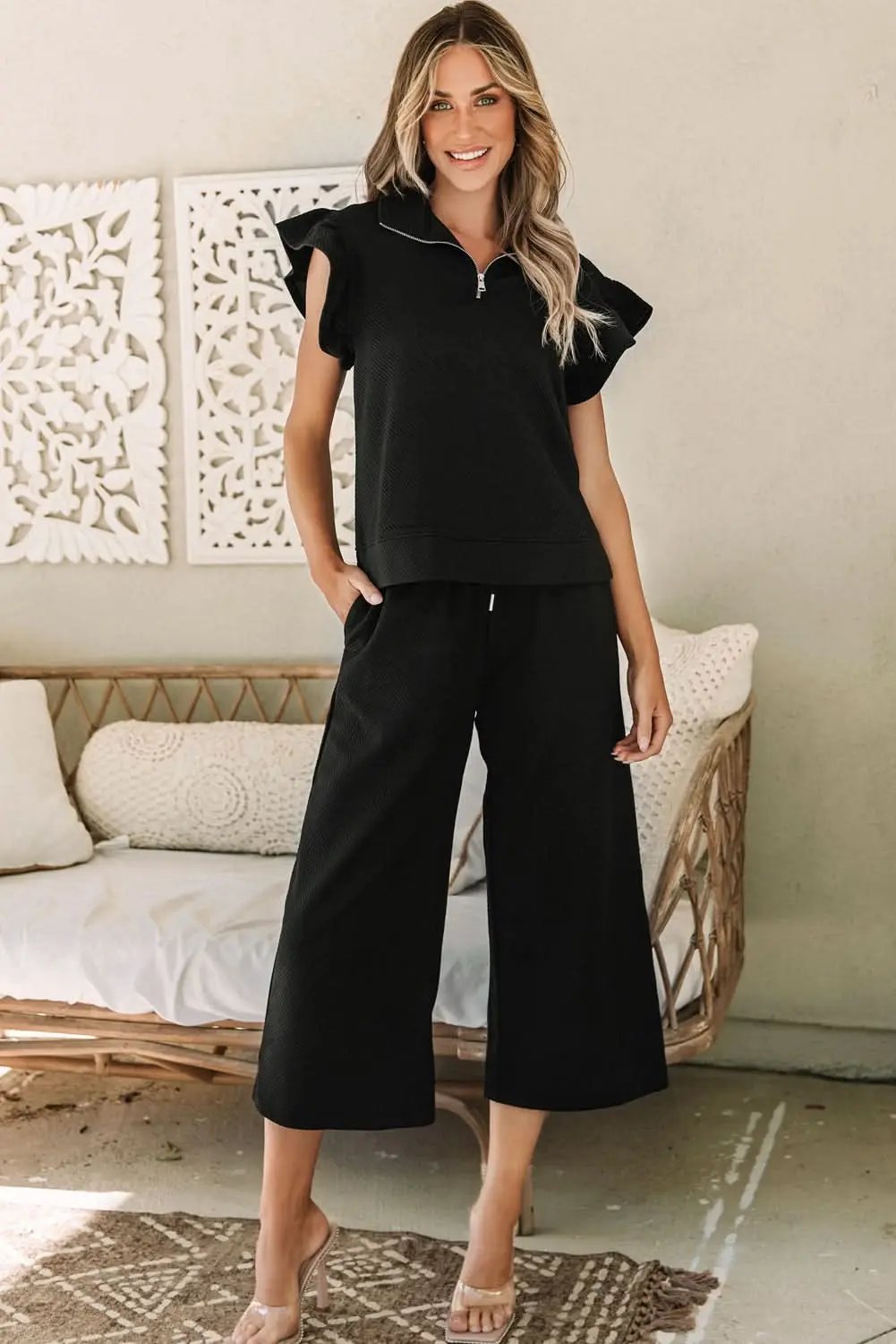 Black Textured Flutter Sleeve Top Wide Leg Pants Set - Love Salve